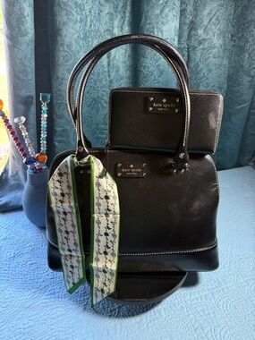 Kate Spade Black Leather Tote with Decorative Scarf (14x10) with Matching Wallet